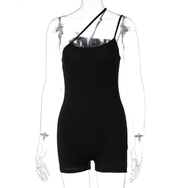 ANJAMANOR Solid Rib Knit One Shoulder Strap Sexy Jumpsuit Womens Summer Clothing Fitness Sports Short Rompers Wholesale D70-AI15 - Image 6