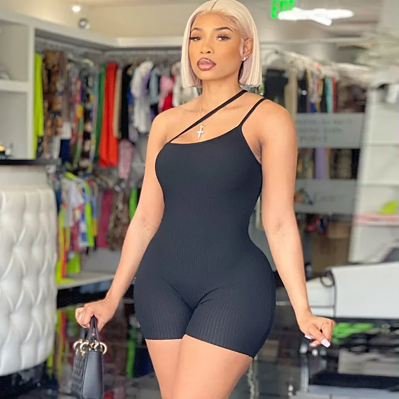 ANJAMANOR Solid Rib Knit One Shoulder Strap Sexy Jumpsuit Womens Summer Clothing Fitness Sports Short Rompers Wholesale D70-AI15 - Image 7
