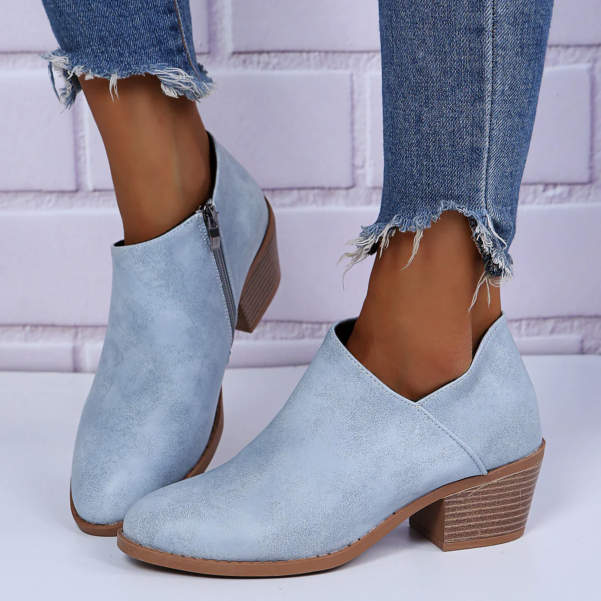 Ankle Stacked Heel Women's Short Boots with V Cut Side Zipper and Non Slip Sole - Image 10
