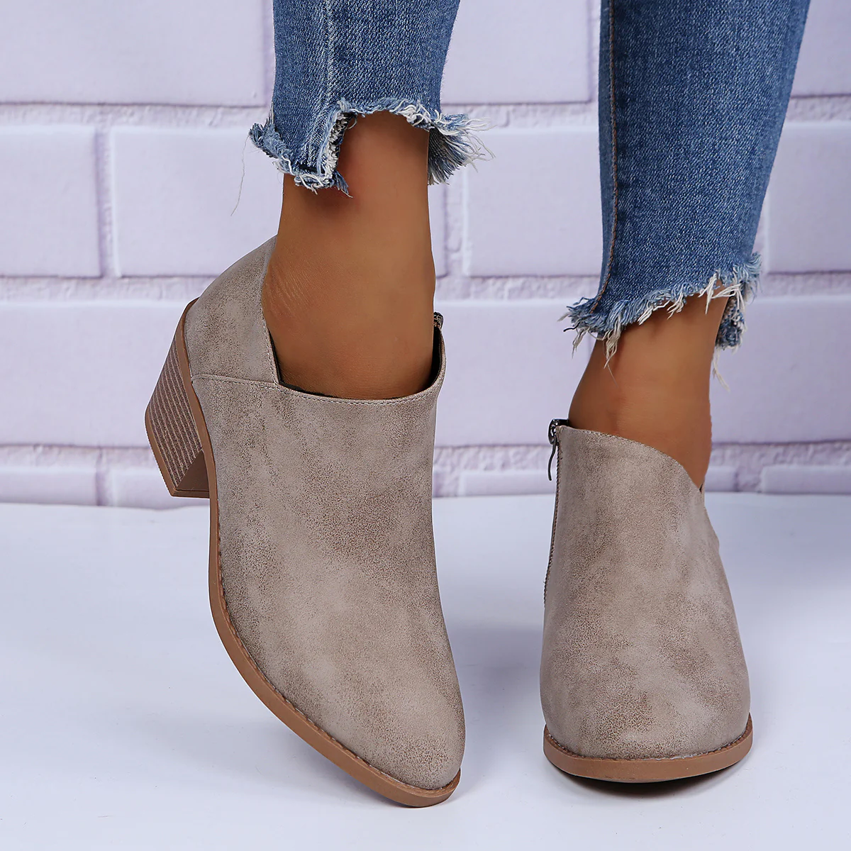 Ankle Stacked Heel Women's Short Boots with V Cut Side Zipper and Non Slip Sole - Image 14