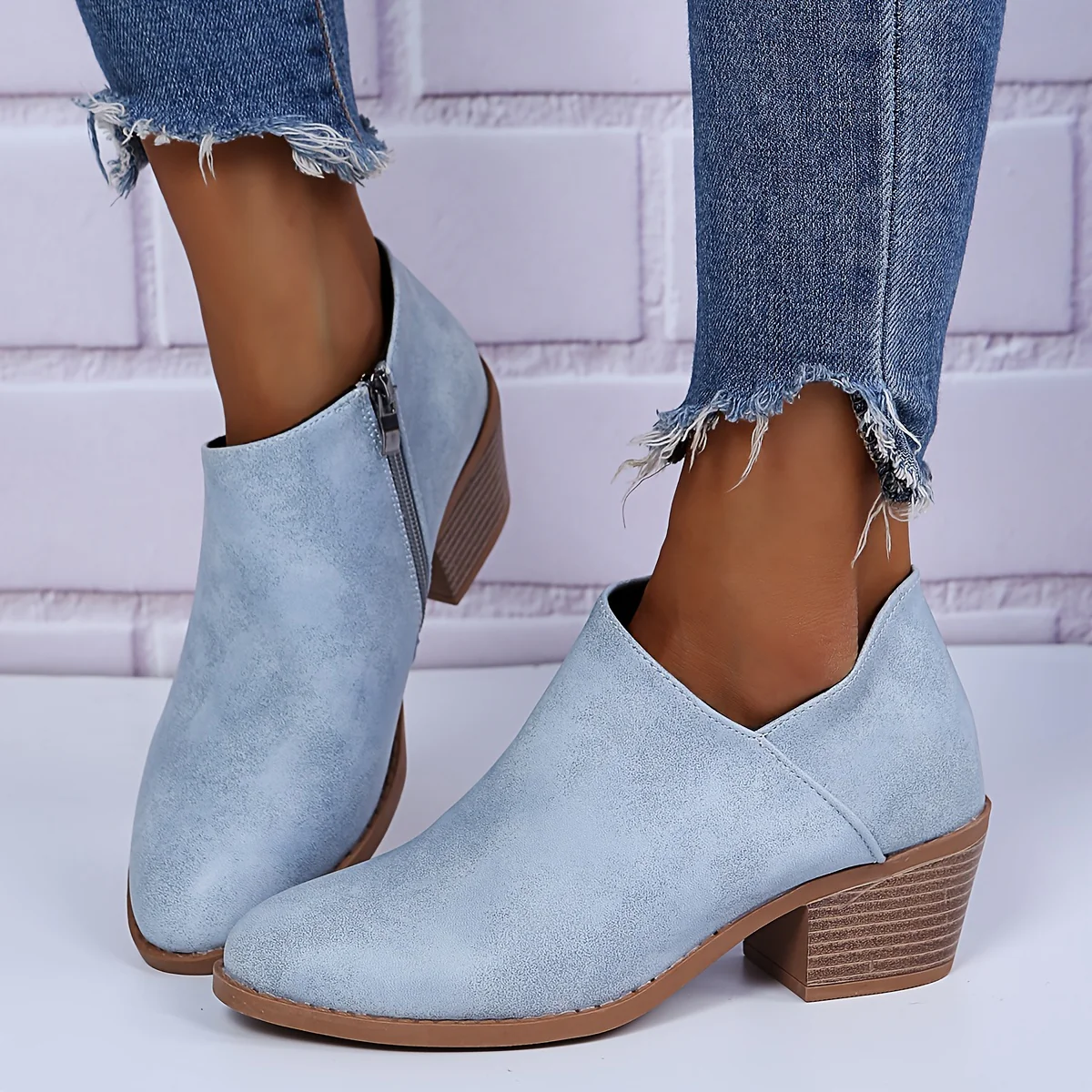 Ankle Stacked Heel Women's Short Boots with V Cut Side Zipper and Non Slip Sole - Image 2