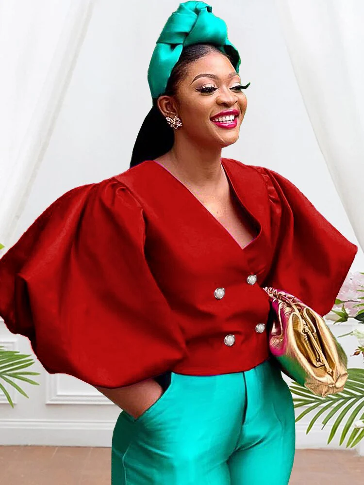 AOMEI Women Tops Blouse Long Lantern Sleeves Double Buttons V Neck Shiny Glitter Party Classy Ladies Autumn Christmas 2023 New - Image 5