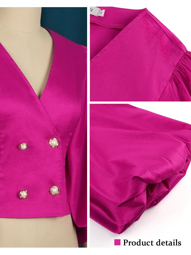 AOMEI Women Tops Blouse Long Lantern Sleeves Double Buttons V Neck Shiny Glitter Party Classy Ladies Autumn Christmas 2023 New - Image 6