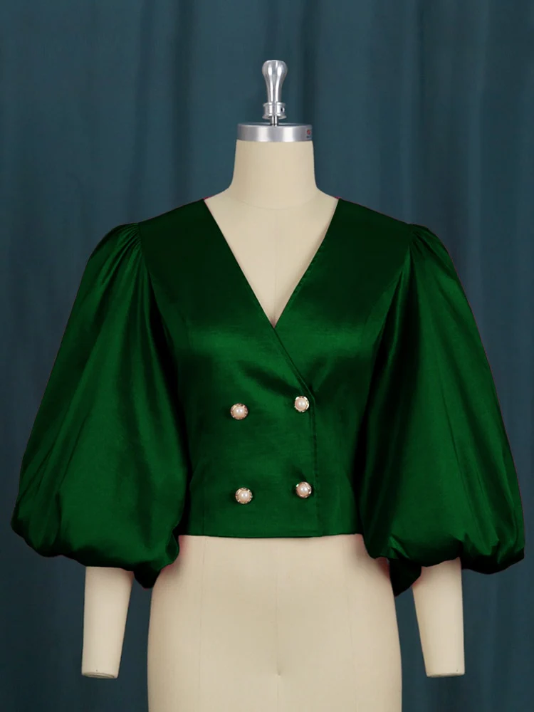 AOMEI Women Tops Blouse Long Lantern Sleeves Double Buttons V Neck Shiny Glitter Party Classy Ladies Autumn Christmas 2023 New - Image 8