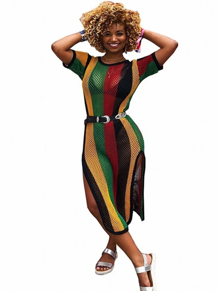 Aovica Special Design 2021 New Popular Casual Style Women Dress Striped Hollow Out O-neck Short Sleeve Midi Dress Vestidos - Image 3