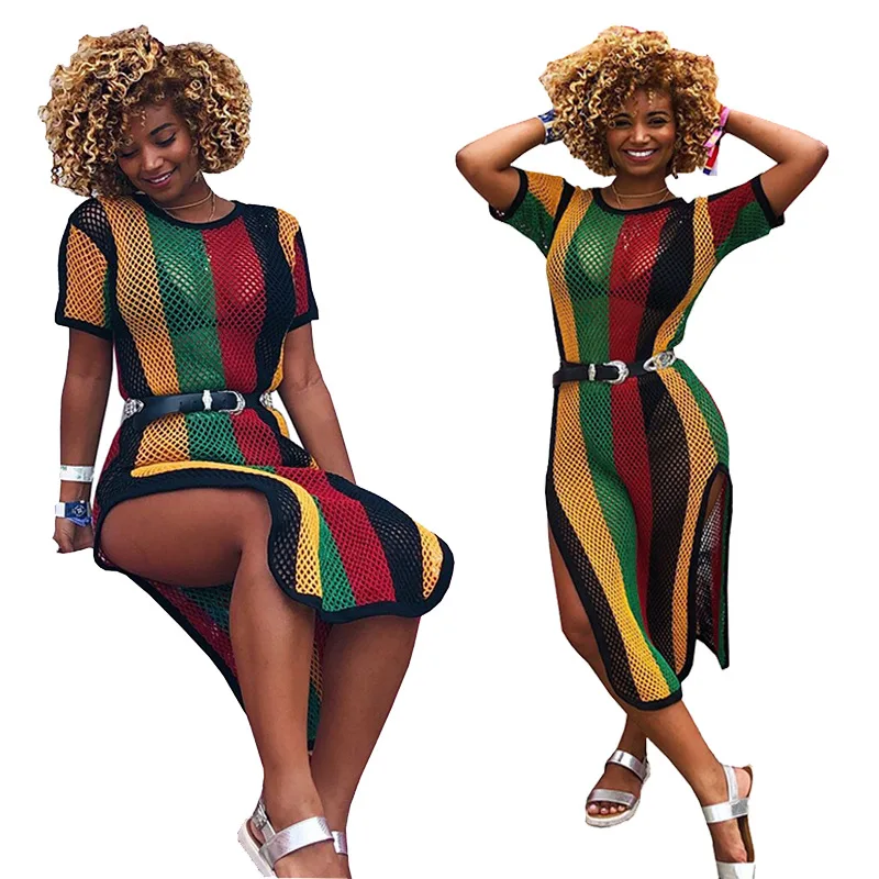 Aovica Special Design 2021 New Popular Casual Style Women Dress Striped Hollow Out O-neck Short Sleeve Midi Dress Vestidos - Image 5