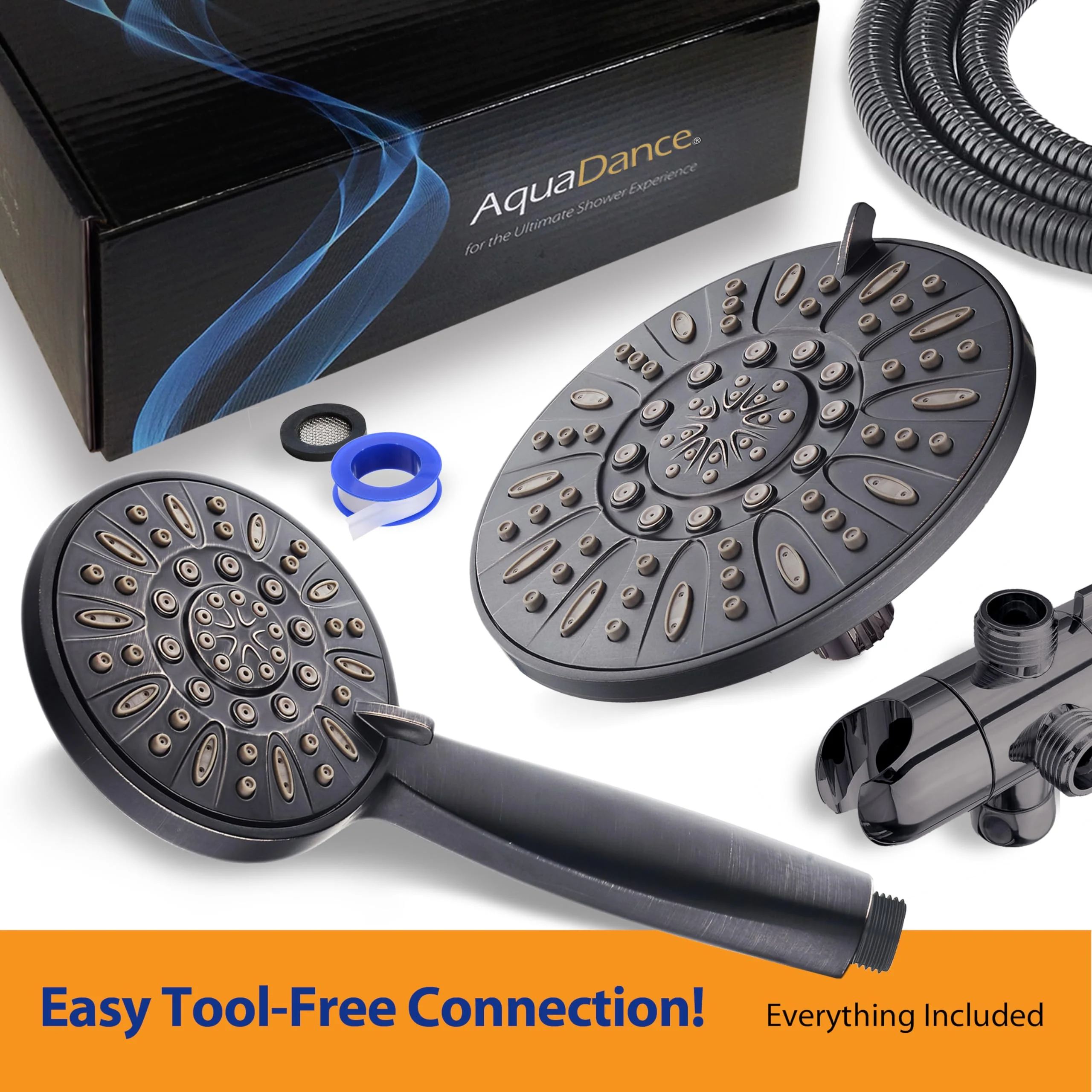 AquaDance 7" Premium High Pressure 3-Way Rainfall Combo with Stainless Steel Hose – Enjoy Luxurious 6-setting Rain Shower Head and Hand Held Shower Separately or Together – Oil Rubbed Bronze Finish - Image 2