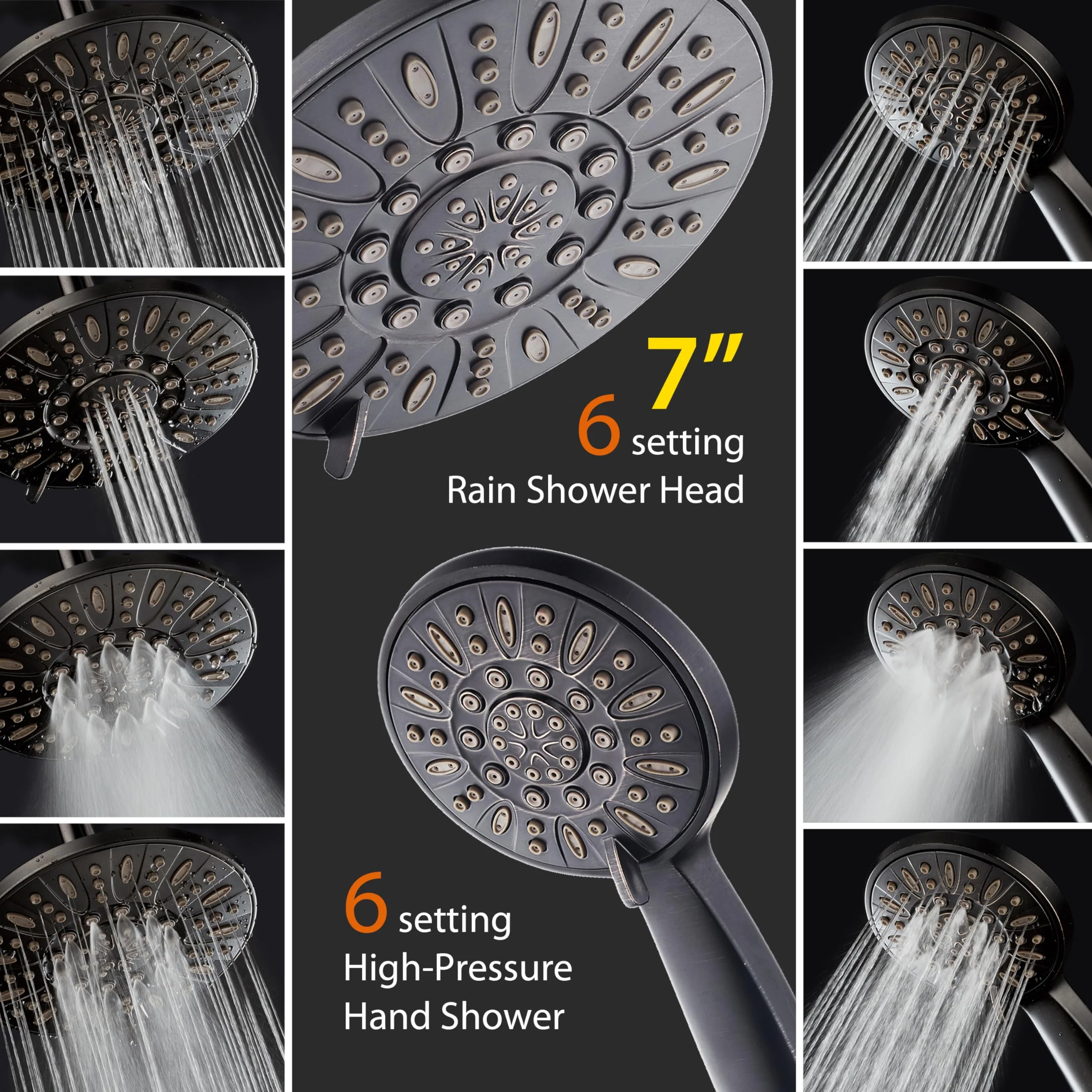 AquaDance 7" Premium High Pressure 3-Way Rainfall Combo with Stainless Steel Hose – Enjoy Luxurious 6-setting Rain Shower Head and Hand Held Shower Separately or Together – Oil Rubbed Bronze Finish - Image 5
