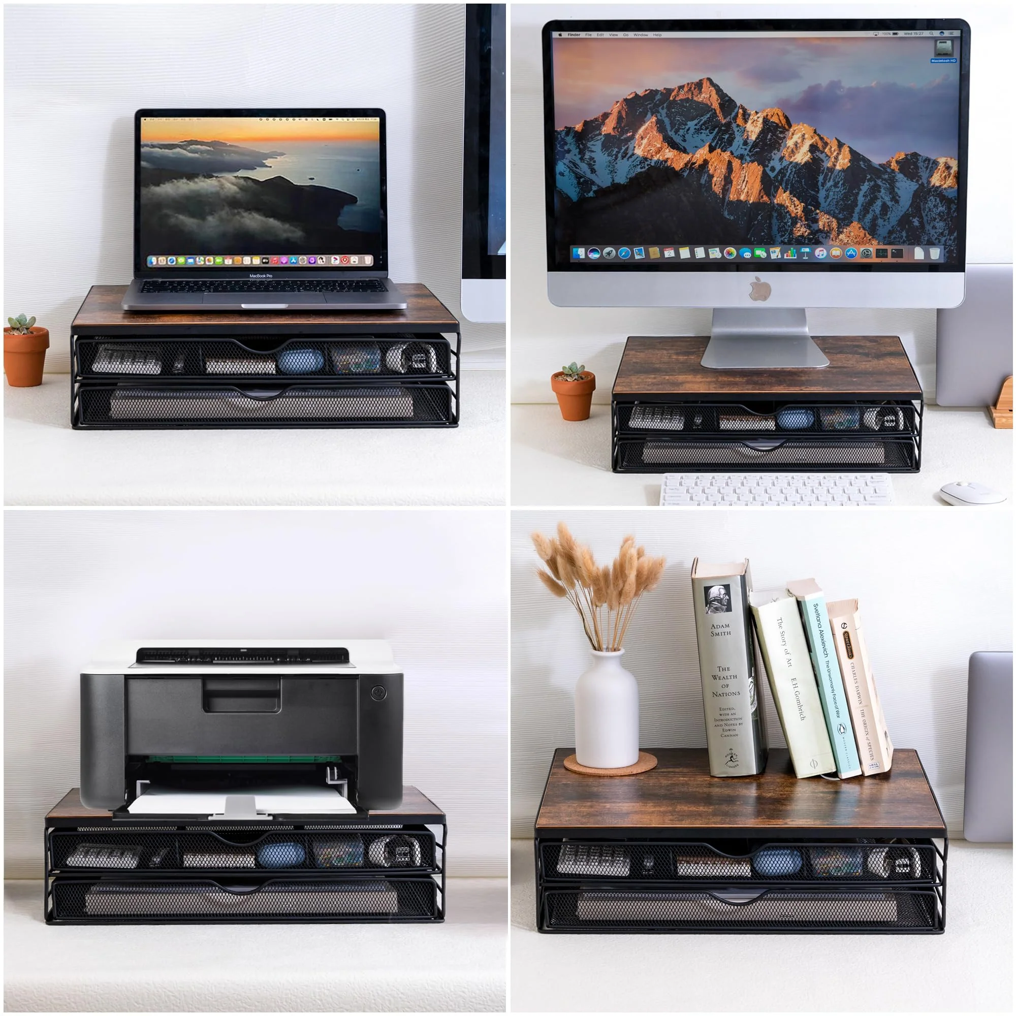 ARCOBIS Wood Monitor Riser with Drawers, Mesh Metal Computer Monitor Stand Riser with Storage for Desk, Max Load Capacity 40LB, 2 Drawers, Rustic Brown - Image 3