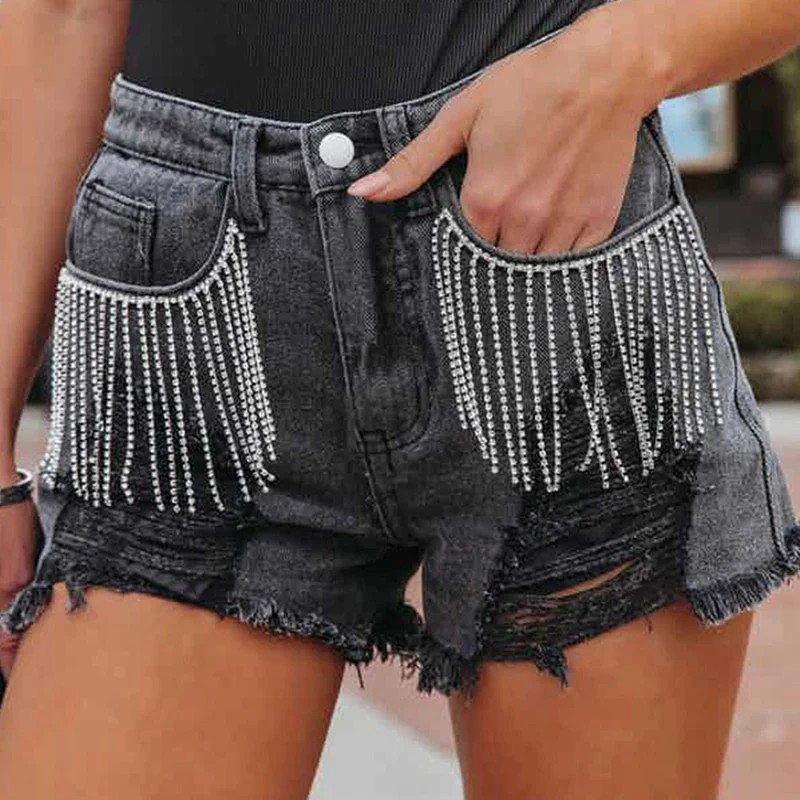 Sexy Fashion Casual Diamond Chain Tassel Perforated Jean Shorts Women Summer Streetwear