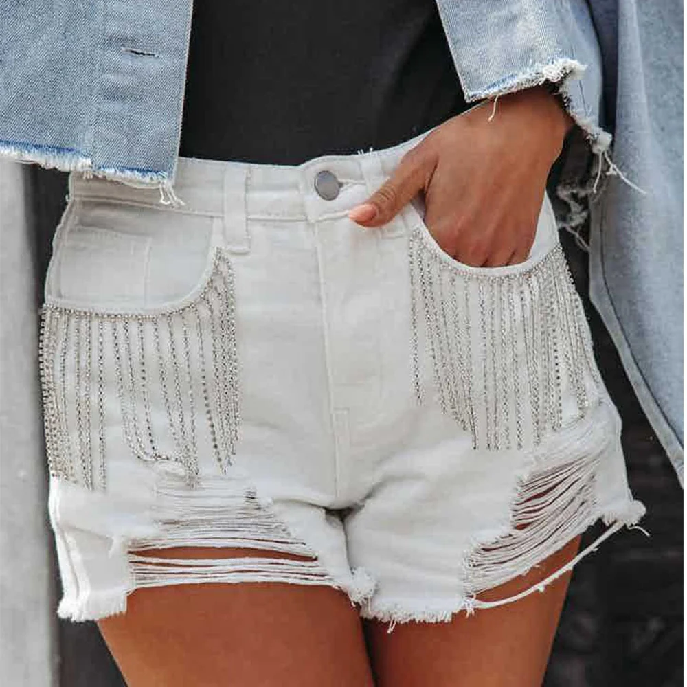 Sexy Fashion Casual Diamond Chain Tassel Perforated Jean Shorts Women Summer Streetwear - Image 4