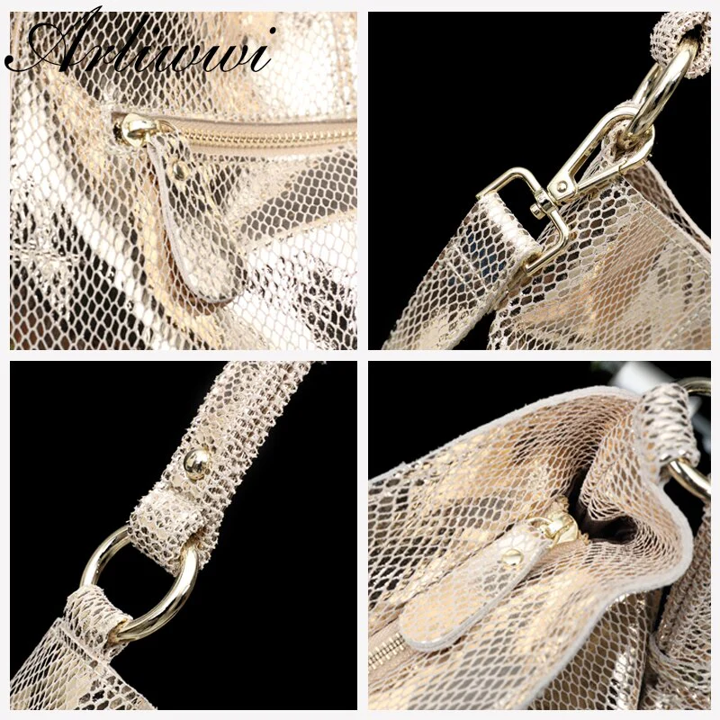 Arliwwi 100% Real Leather Shiny Gold Woman's Shoulder Bags Large Capacity Soft Suede Cowhide Genuine Leather Handbags - Image 3