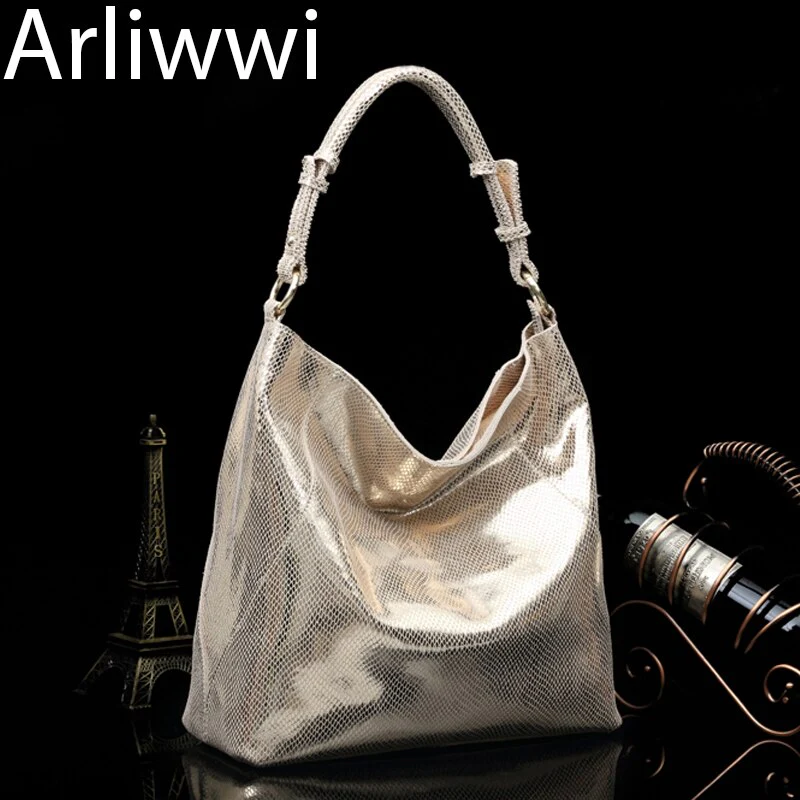 Arliwwi 100% Real Leather Shiny Gold Woman's Shoulder Bags Large Capacity Soft Suede Cowhide Genuine Leather Handbags - Image 4