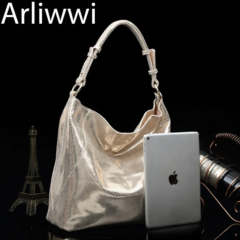 Arliwwi 100% Real Leather Shiny Gold Woman's Shoulder Bags Large Capacity Soft Suede Cowhide Genuine Leather Handbags - Image 6