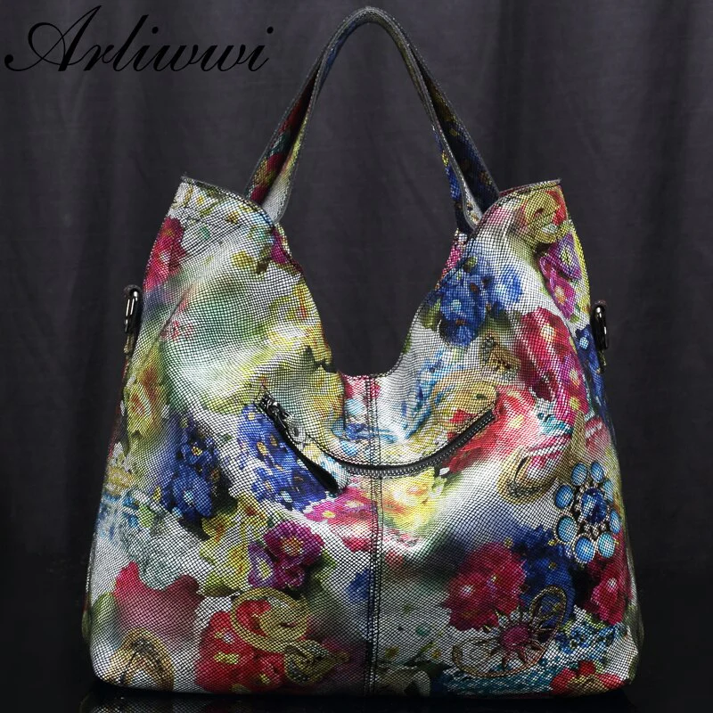 Arliwwi Female Real Leather Shiny Flower Summer Women Tote Handbags New Lily Floral Lady Embossed Genuine Leather Bags GL16 - Image 6