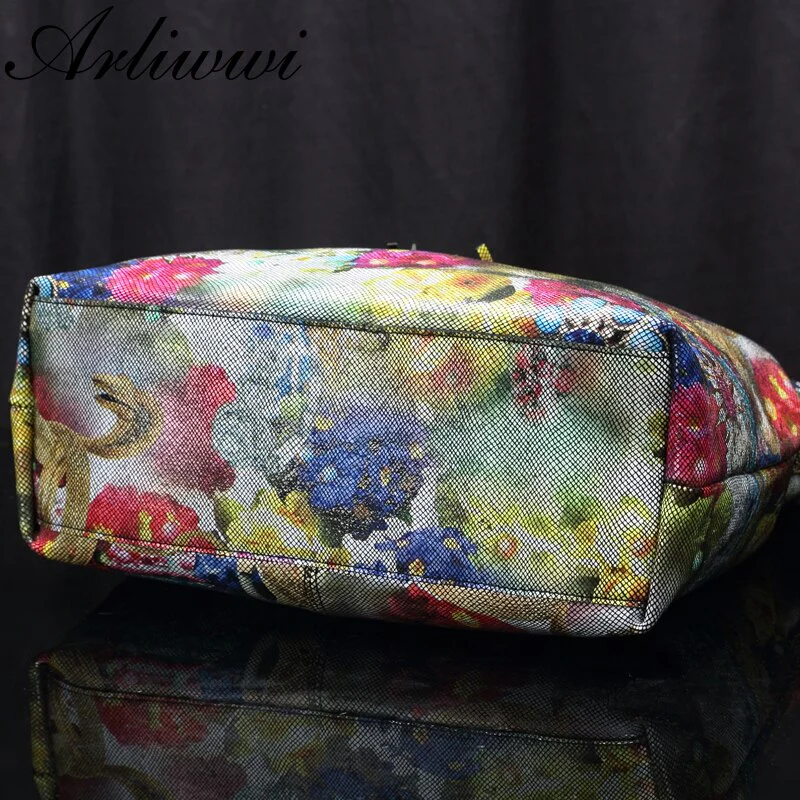 Arliwwi Female Real Leather Shiny Flower Summer Women Tote Handbags New Lily Floral Lady Embossed Genuine Leather Bags GL16 - Image 8
