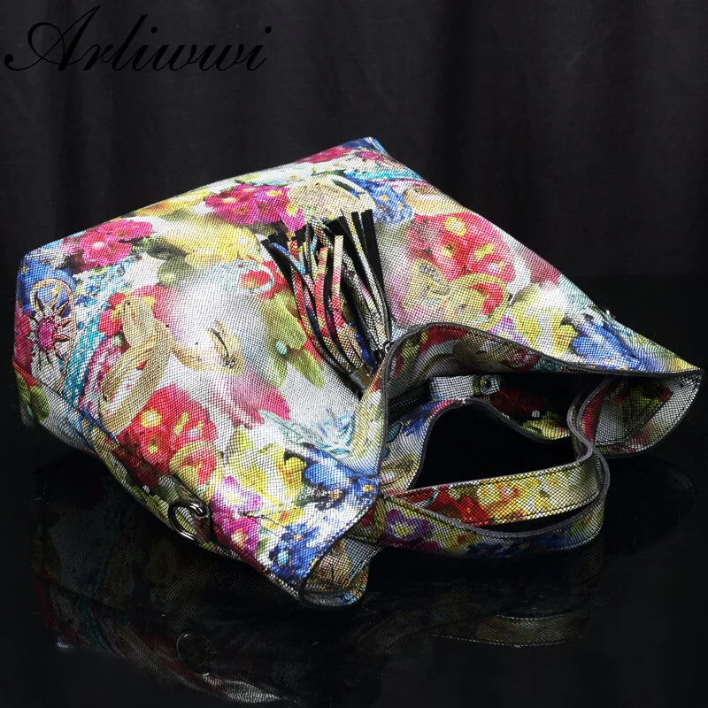 Arliwwi Female Real Leather Shiny Flower Summer Women Tote Handbags New Lily Floral Lady Embossed Genuine Leather Bags GL16 - Image 9