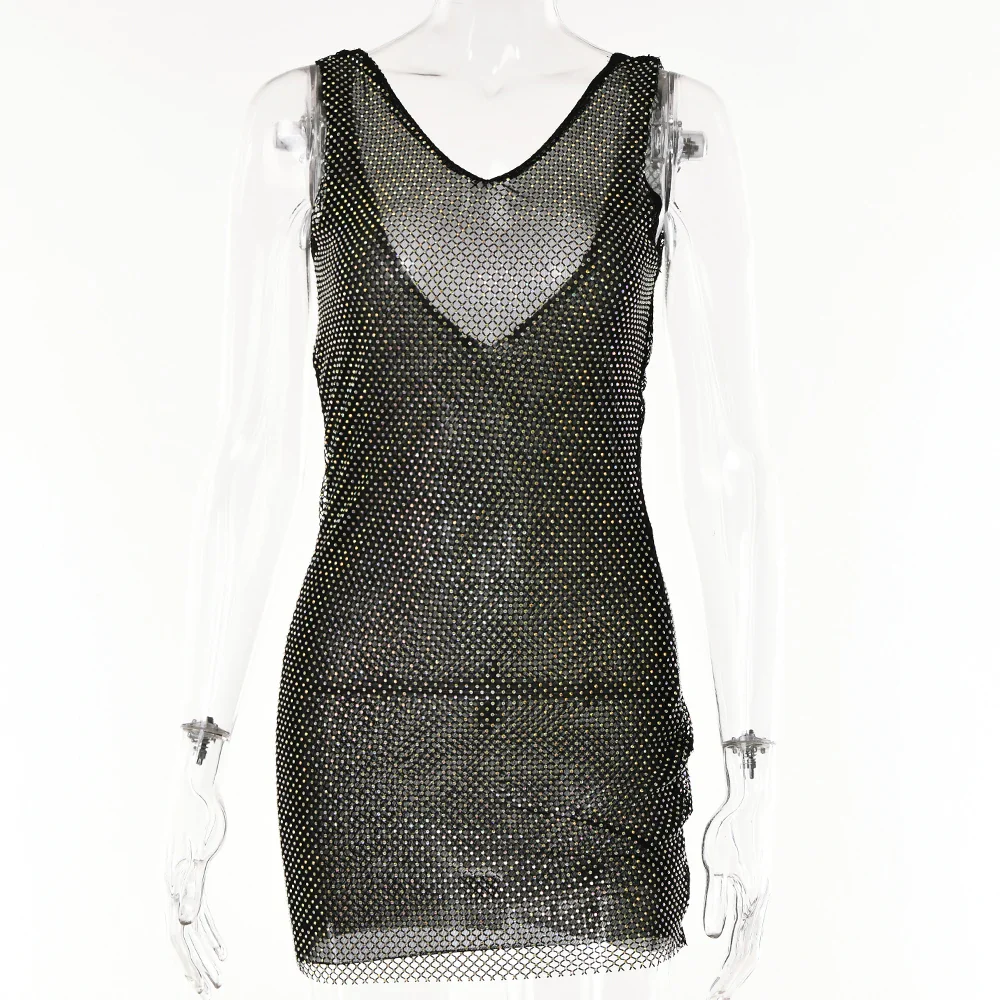 Articat Double Layer Diamonds Shiny Women Dress Black Sexy Backless V Neck Party Dresses Female Spring Loose Elegant Clubwear - Image 2