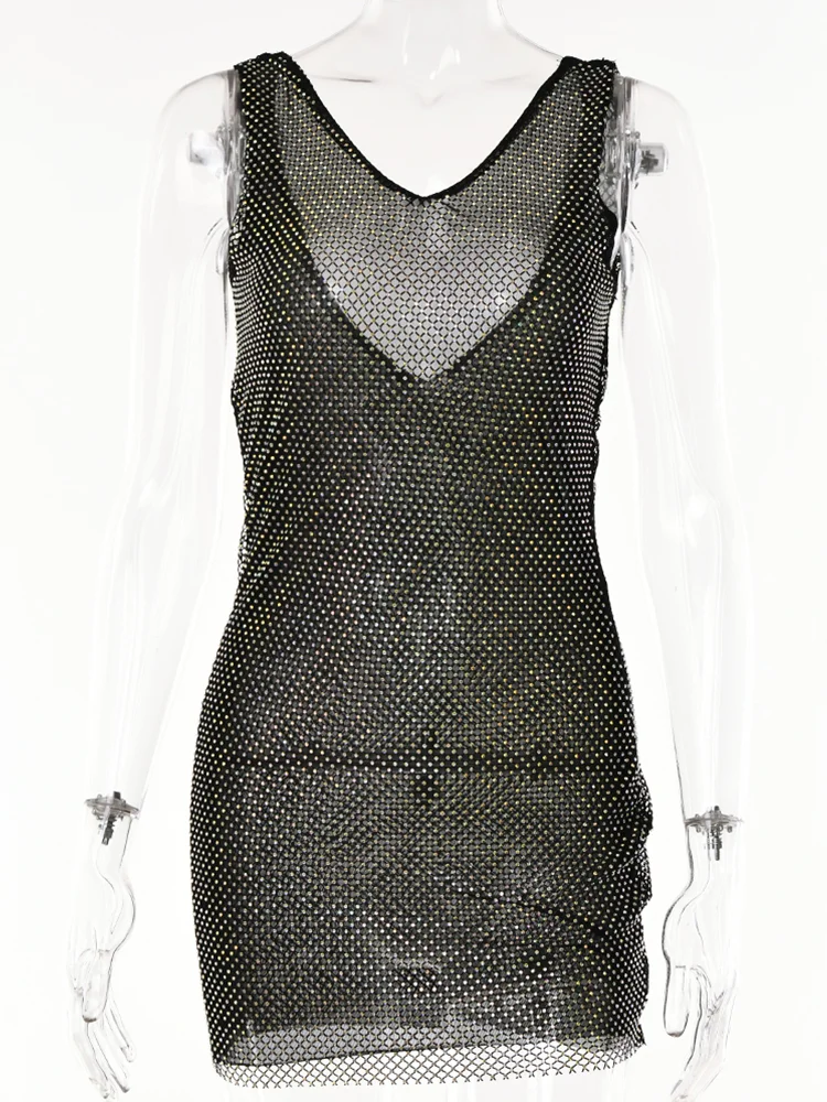 Articat Double Layer Diamonds Shiny Women Dress Black Sexy Backless V Neck Party Dresses Female Spring Loose Elegant Clubwear - Image 7