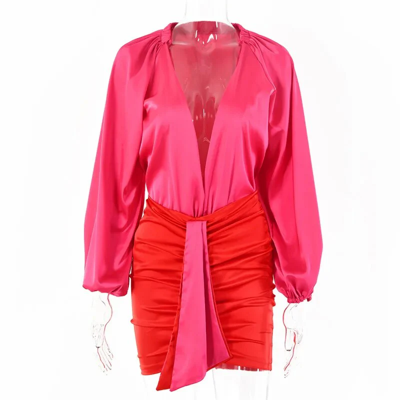 Articat Sexy Deep V-neck Satin Two Piece Set Women Long Sleeve Top Short Skirt Sets Matching Casual Partywear Winter Women Set - Image 10