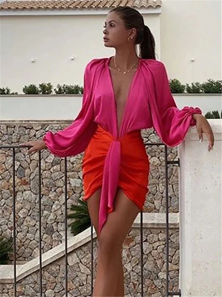 Articat Sexy Deep V-neck Satin Two Piece Set Women Long Sleeve Top Short Skirt Sets Matching Casual Partywear Winter Women Set - Image 2