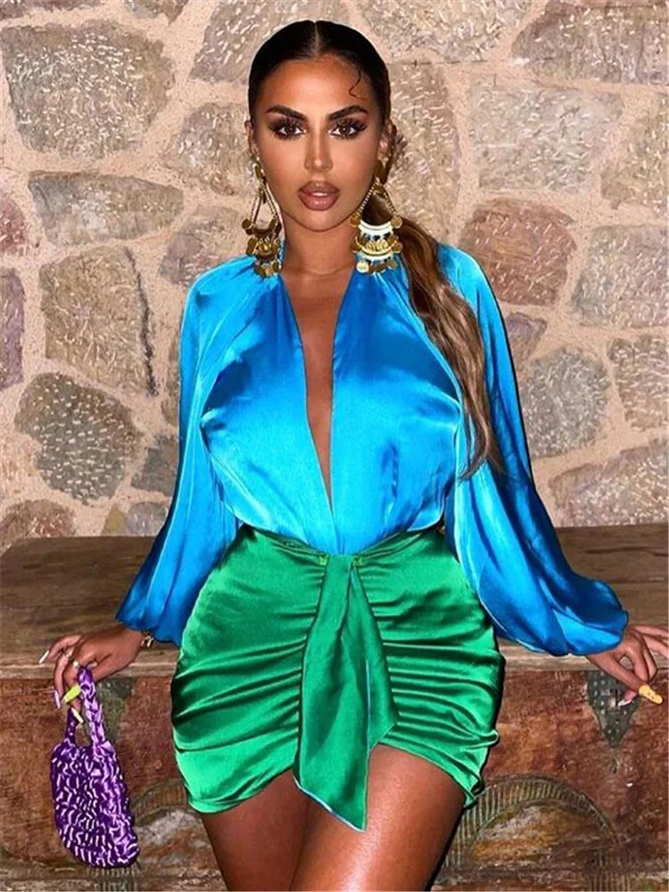 Articat Sexy Deep V-neck Satin Two Piece Set Women Long Sleeve Top Short Skirt Sets Matching Casual Partywear Winter Women Set - Image 3