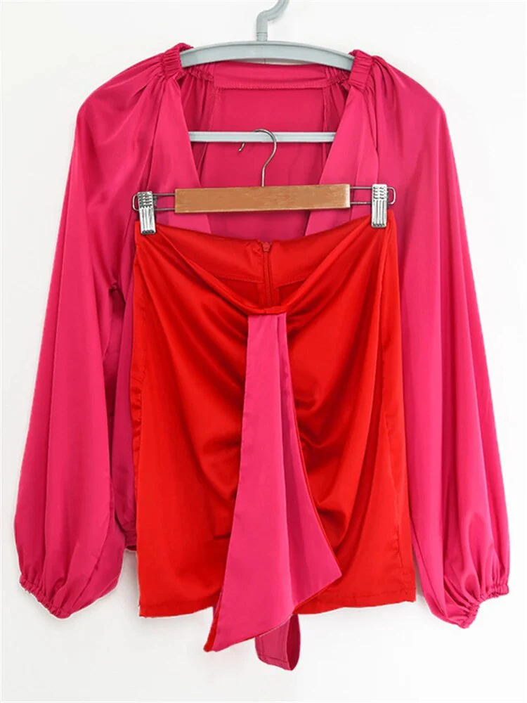 Articat Sexy Deep V-neck Satin Two Piece Set Women Long Sleeve Top Short Skirt Sets Matching Casual Partywear Winter Women Set - Image 6