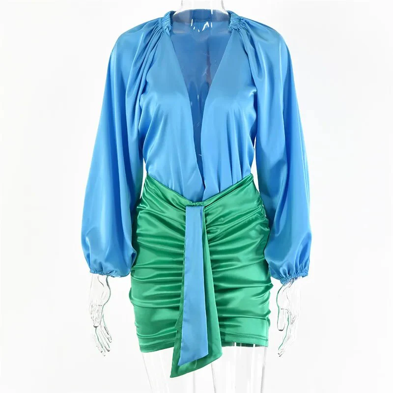 Articat Sexy Deep V-neck Satin Two Piece Set Women Long Sleeve Top Short Skirt Sets Matching Casual Partywear Winter Women Set - Image 7