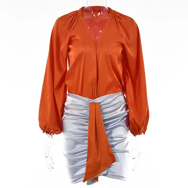 Articat Sexy Deep V-neck Satin Two Piece Set Women Long Sleeve Top Short Skirt Sets Matching Casual Partywear Winter Women Set - Image 8
