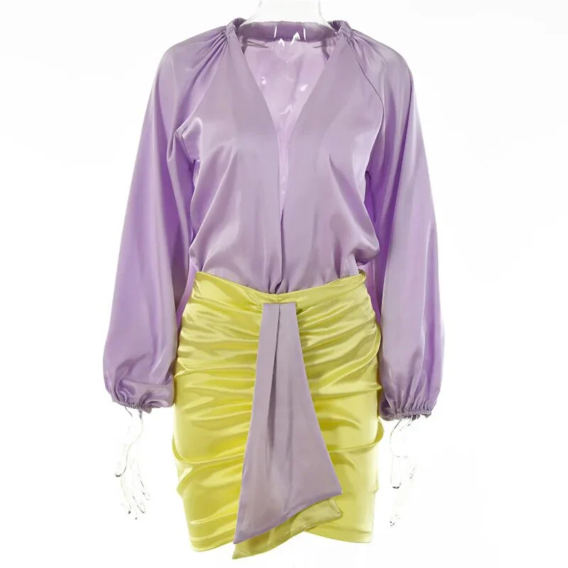 Articat Sexy Deep V-neck Satin Two Piece Set Women Long Sleeve Top Short Skirt Sets Matching Casual Partywear Winter Women Set - Image 9
