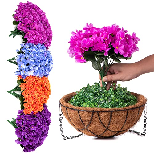 Artificial Flowers with HangingBasket for Outdoor Indoor, Fake Hydrangea Flowers in Coconut Lining Hanging Basket for Home Courtyard Decoration, 4 Branches Hydrangea Flowers in 12'' Basket(Blue) - Image 2