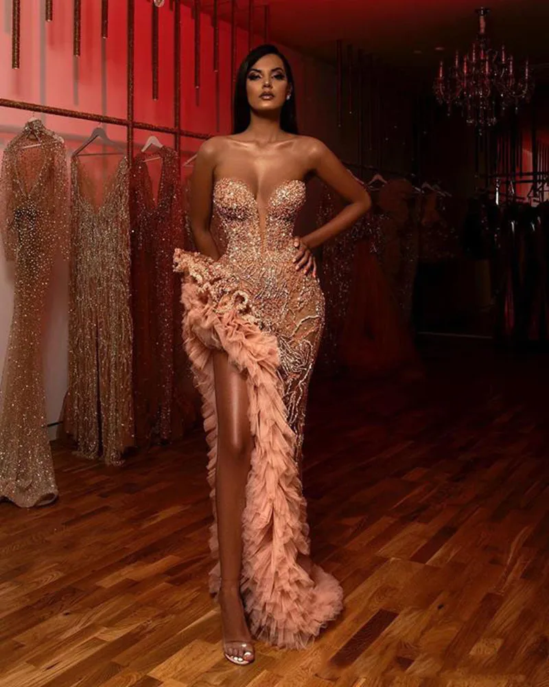 Aso Ebi Champagne Blush Mermaid Prom Dresses 2023 Sparkly Beaded Ruffles High Slit Sweetheart Arabic Evening Party Occasion Gown - Image 7