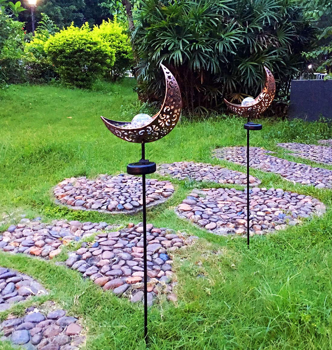 Aubasic Solar Powered Garden Lights, 2 Pack Antique Brass Hollow-Carved Metal Moon with Warm White Crackle Glass Globe Stake Lights,Waterproof Outdoor for Lawn,Patio,Yard - Image 2