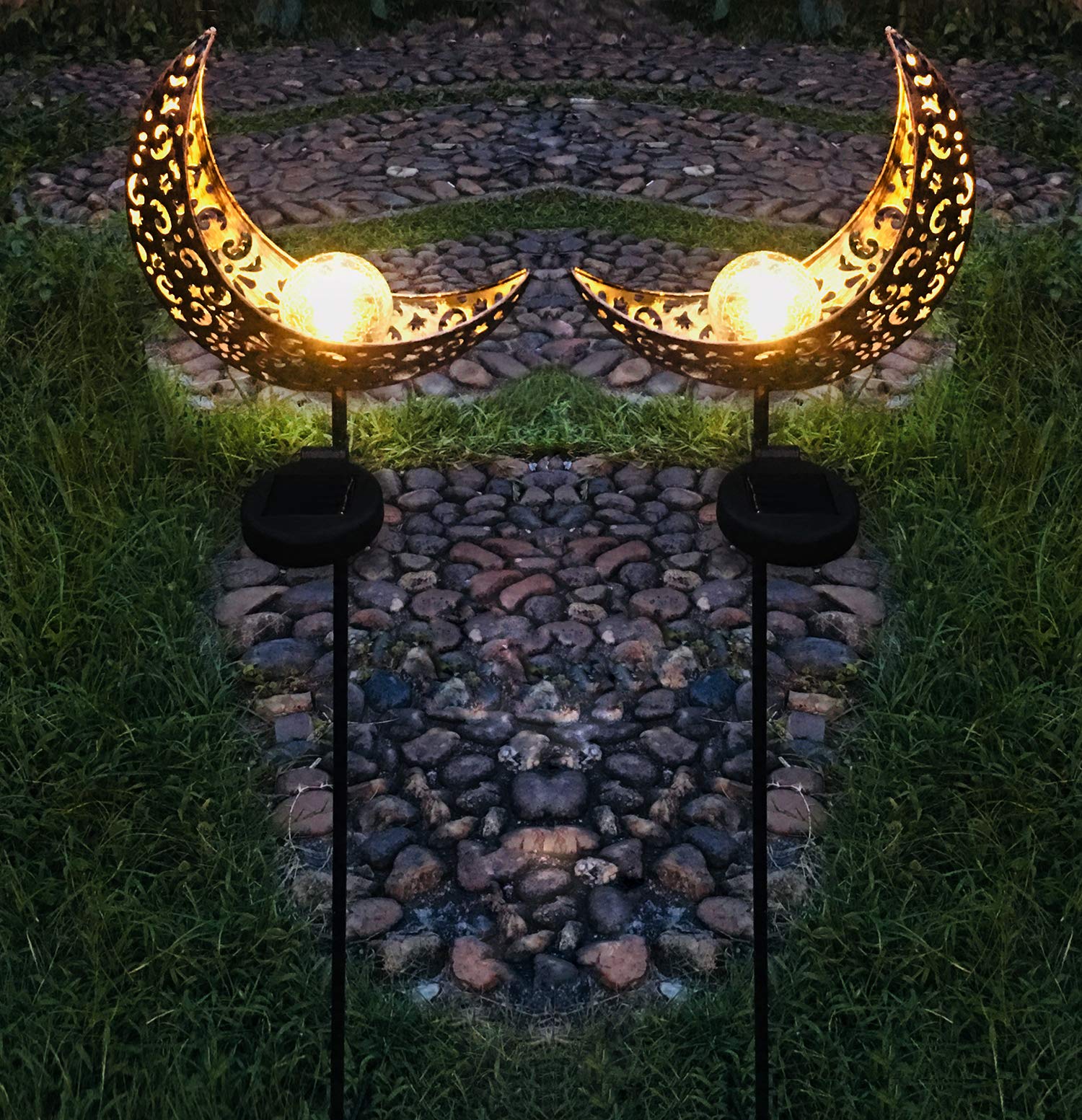 Aubasic Solar Powered Garden Lights, 2 Pack Antique Brass Hollow-Carved Metal Moon with Warm White Crackle Glass Globe Stake Lights,Waterproof Outdoor for Lawn,Patio,Yard - Image 4
