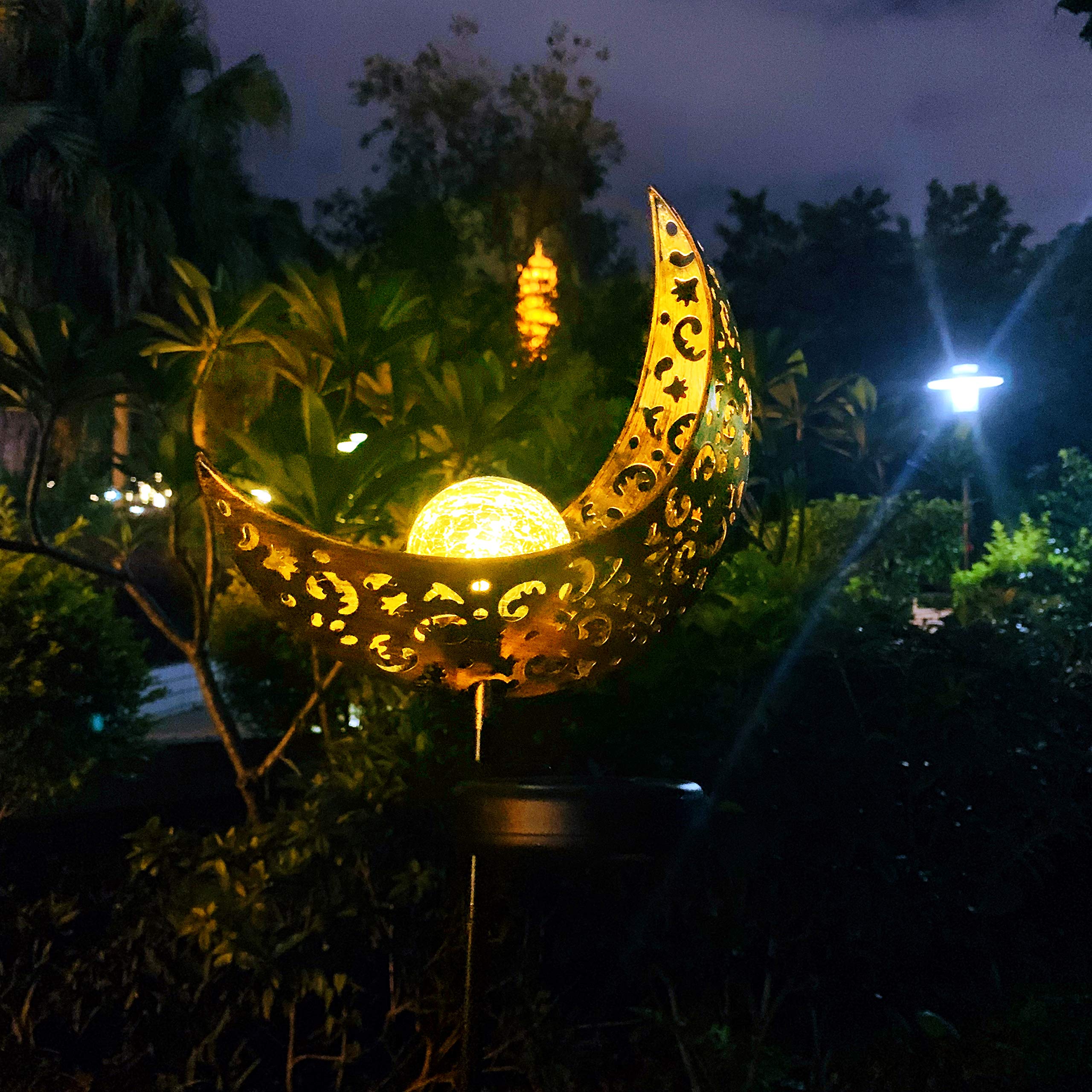 Aubasic Solar Powered Garden Lights, 2 Pack Antique Brass Hollow-Carved Metal Moon with Warm White Crackle Glass Globe Stake Lights,Waterproof Outdoor for Lawn,Patio,Yard - Image 6