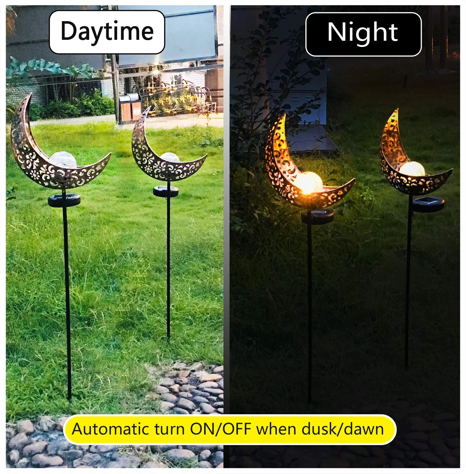 Aubasic Solar Powered Garden Lights, 2 Pack Antique Brass Hollow-Carved Metal Moon with Warm White Crackle Glass Globe Stake Lights,Waterproof Outdoor for Lawn,Patio,Yard - Image 7
