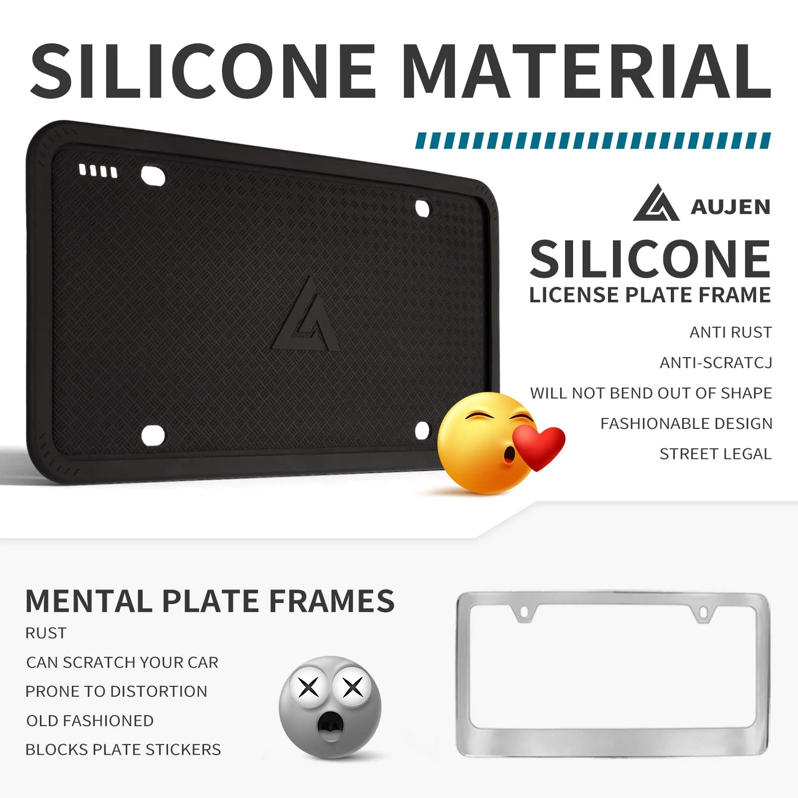 Aujen Silicone Black License Plate Frames, 2 Pack Universal Car License Plate Holders, Rust-Proof and Weather-Proof Accessories (Black) - Image 6