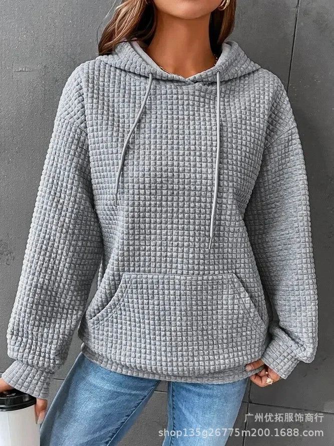 Autumn 2023 Solid Casual Loose Fitting Hooded Long Sleeved Patchwork Waffle Sweater for Women - Image 11