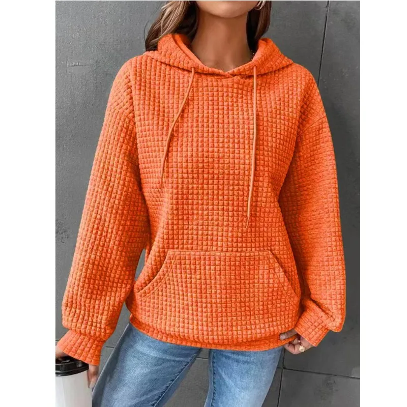 Autumn 2023 Solid Casual Loose Fitting Hooded Long Sleeved Patchwork Waffle Sweater for Women - Image 12