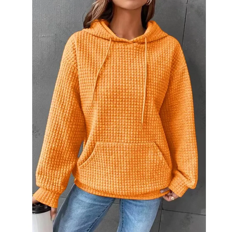 Autumn 2023 Solid Casual Loose Fitting Hooded Long Sleeved Patchwork Waffle Sweater for Women - Image 13