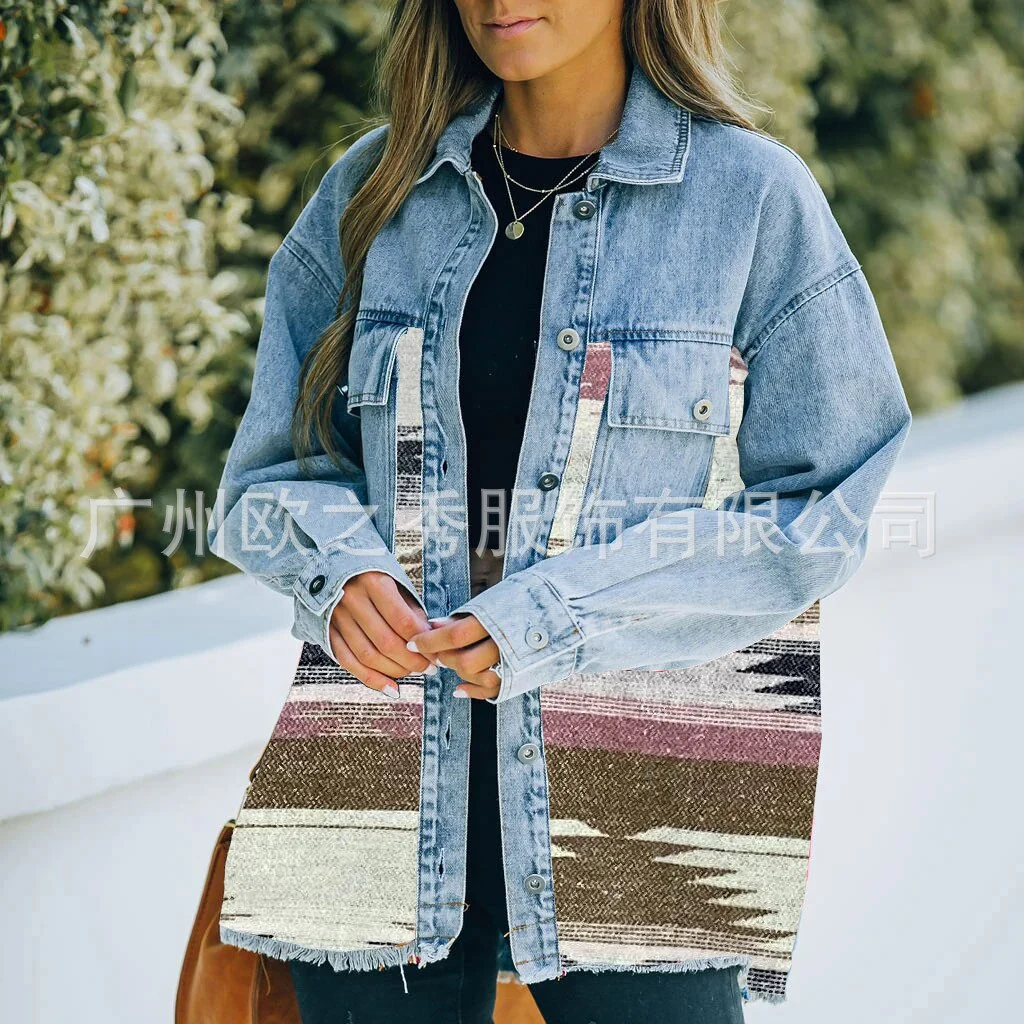 Autumn and Winter New Polo Neck Pocket Denim Panel Wool Coat Women's Vintage Jacket - Image 10