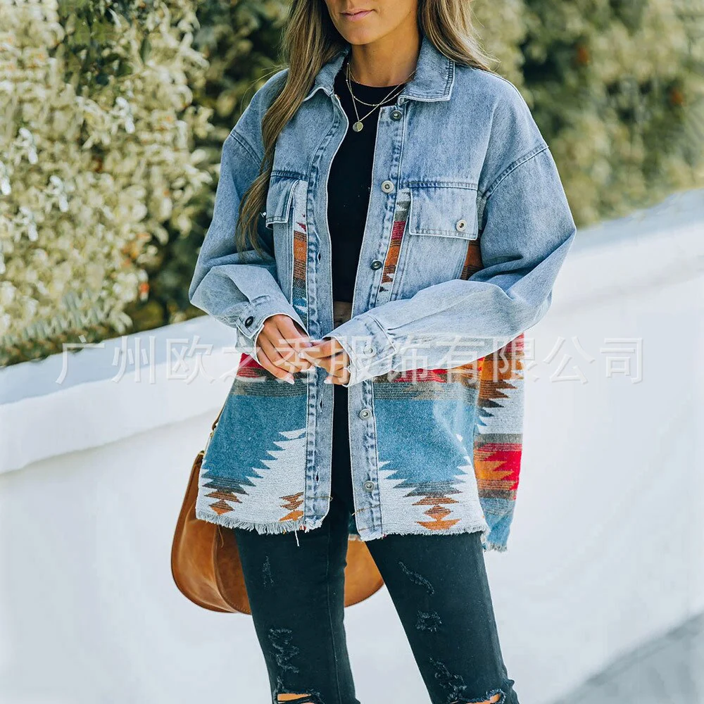 Autumn and Winter New Polo Neck Pocket Denim Panel Wool Coat Women's Vintage Jacket - Image 11