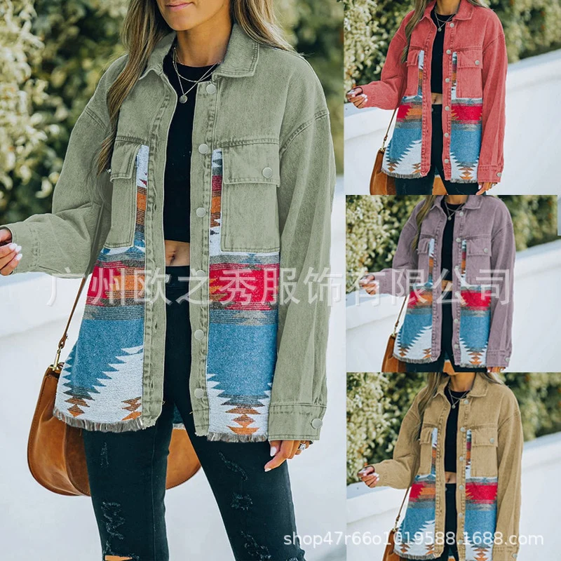 Autumn and Winter New Polo Neck Pocket Denim Panel Wool Coat Women's Vintage Jacket - Image 12