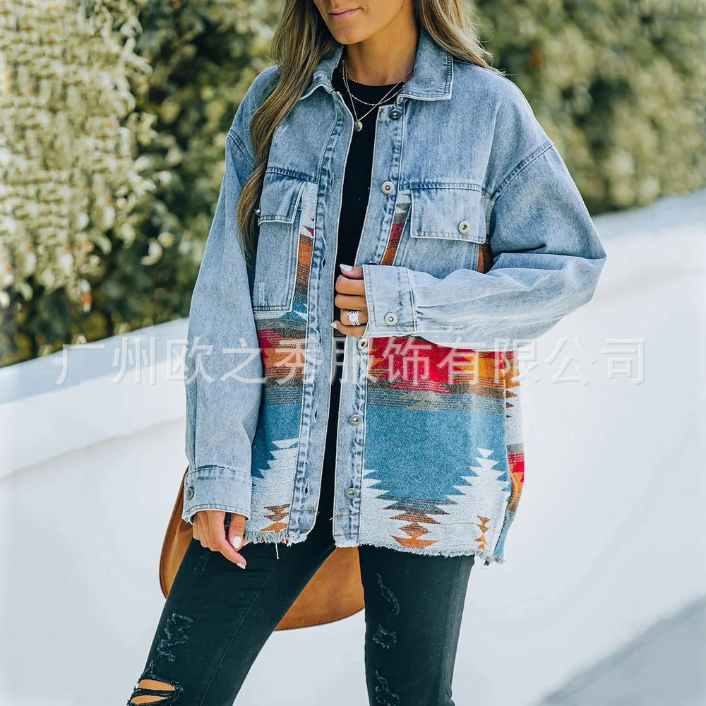 Autumn and Winter New Polo Neck Pocket Denim Panel Wool Coat Women's Vintage Jacket - Image 13