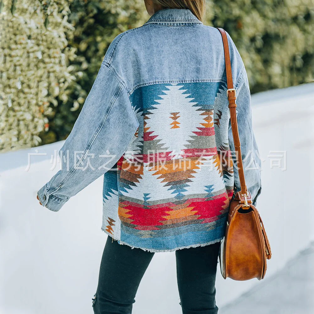 Autumn and Winter New Polo Neck Pocket Denim Panel Wool Coat Women's Vintage Jacket - Image 14