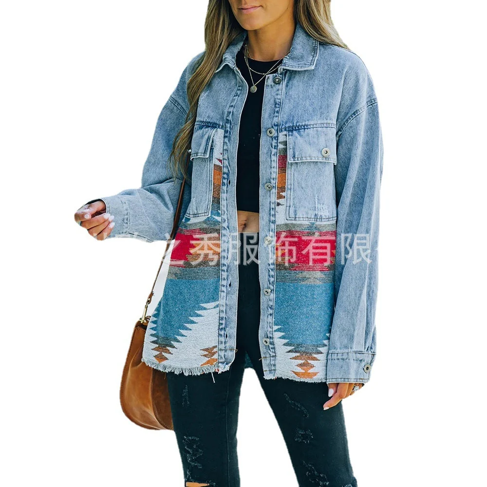 Autumn and Winter New Polo Neck Pocket Denim Panel Wool Coat Women's Vintage Jacket - Image 15