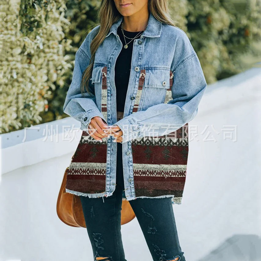 Autumn and Winter New Polo Neck Pocket Denim Panel Wool Coat Women's Vintage Jacket - Image 2