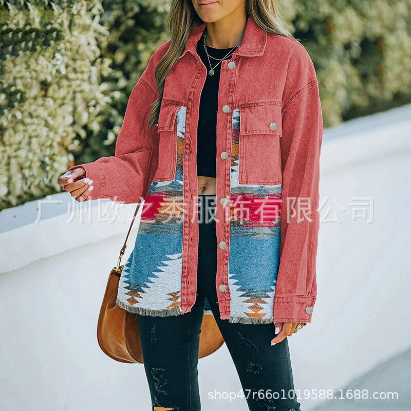 Autumn and Winter New Polo Neck Pocket Denim Panel Wool Coat Women's Vintage Jacket - Image 3