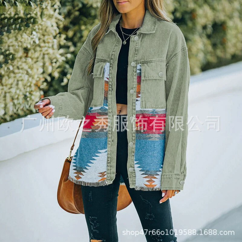 Autumn and Winter New Polo Neck Pocket Denim Panel Wool Coat Women's Vintage Jacket - Image 4