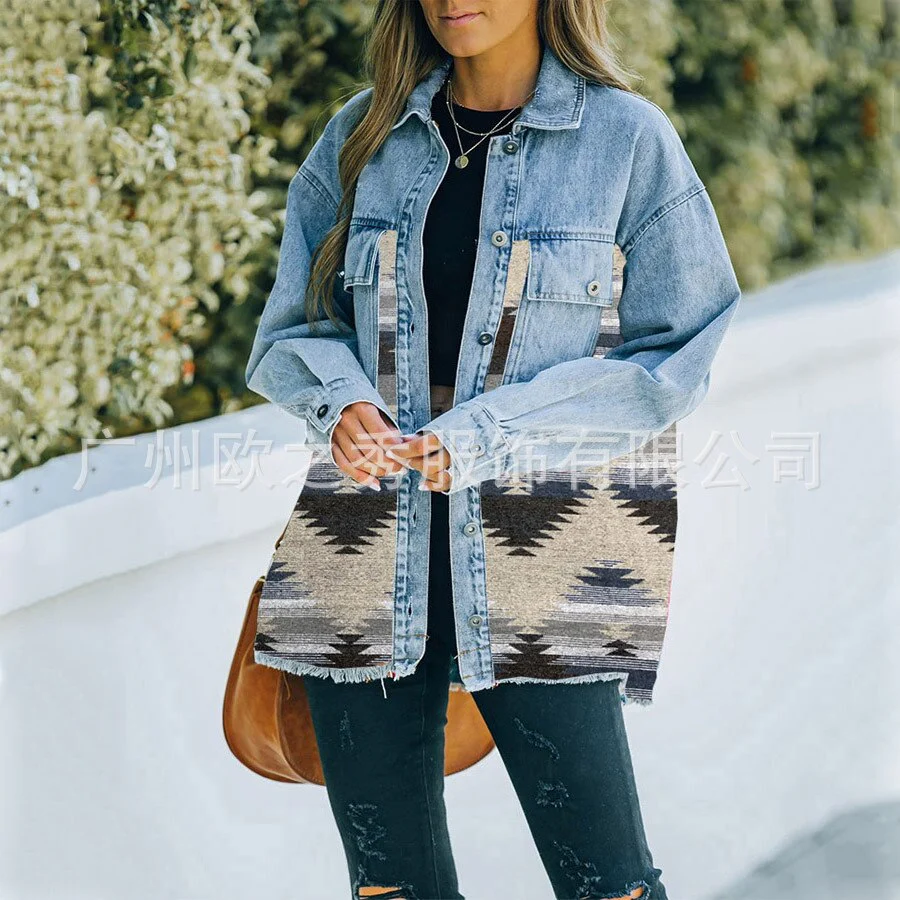 Autumn and Winter New Polo Neck Pocket Denim Panel Wool Coat Women's Vintage Jacket - Image 5